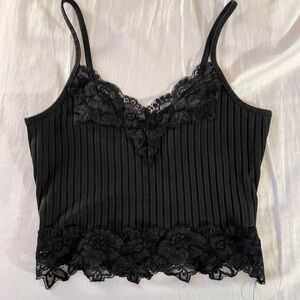 Black Lace Trim Ribbed Tank Top